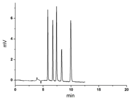 폴리스티렌 부착 정지상으로 충전한 1X150 mm 컬럼으로 얻은 크로마토그램. 이동상: 60/40 아세토니트릴/물 (0.1% TFA 함유). 이동상 유속: 25 uL/min. 용리순서: 페놀, 아세토페논, 4-메틸-2-니트로아닐린, 벤젠, 톨루엔