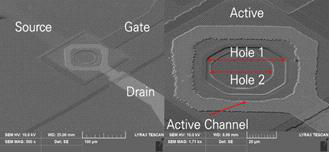 제작된 수직 구조 트랜지스터의 SEM 사진