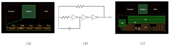 5단 링오실레이터의 레이아웃 (a), RC 링오실레이터의 회로도 (b), RC 링오실레이터의 레이아웃(c)