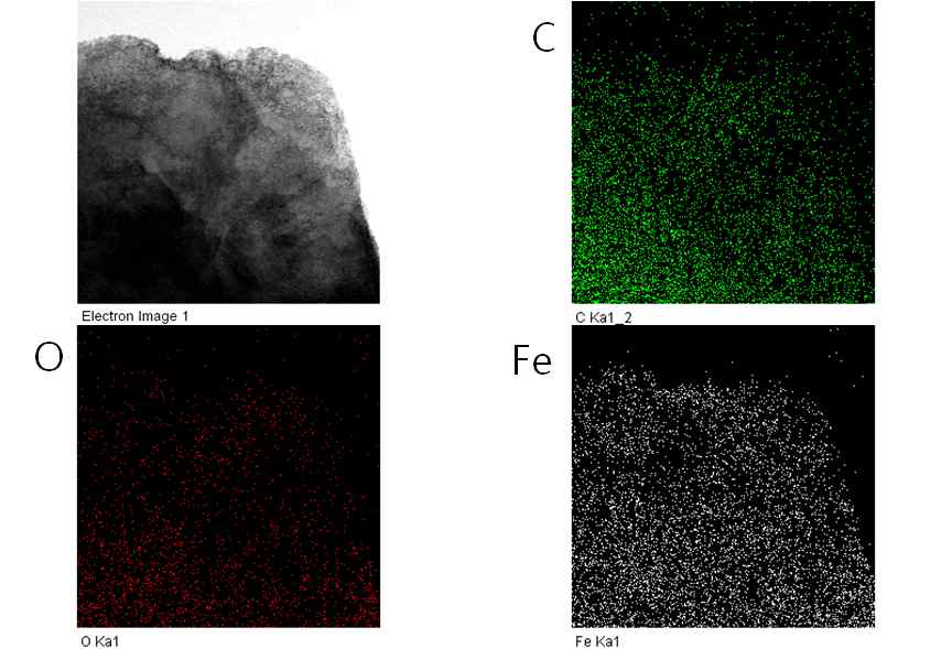 Fe3O4/RGO 복합체의 원소 mapping 결과 초록색 점이 Carbon, 빨간 점이 Oxygen, 하얀 점이 Fe을 나타냄