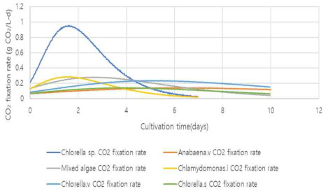 미세조류 종별 이산화탄소 고정화율 (CO2 5%, 0.2 vvm)