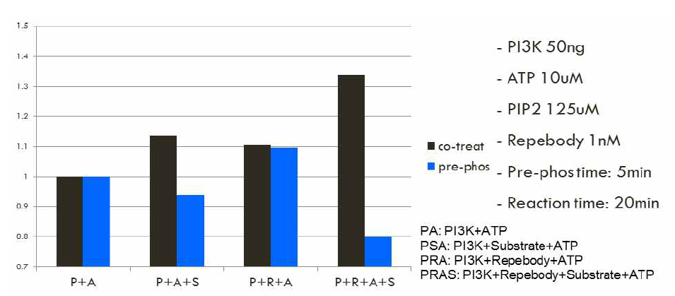 리피바디의 PI3K 인산화기능 억제 효율을 분석한 결과. 실험은 ATP를 마지막에 쳐준 co-treat 그룹과 미리 5분간의 사전 자체적 인산화 반응을 진행한 pre-phosphorylation 그룹으로 나누어 진행함. 사전 자체적 인산화를 진행한 결과 PI3K의 기질 인산화 반응이 억제되는 것을 확인할 수 있었으며 리피바디는 co-treat 그룹에서 기질 인산화를 증대시키는 것을 확인함