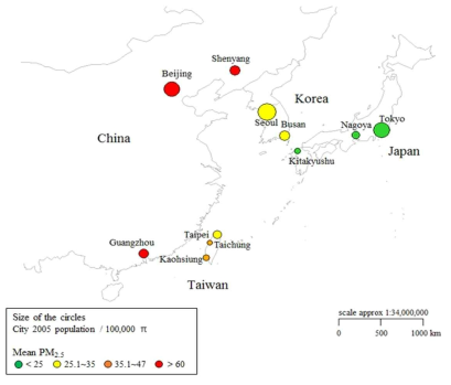 Location of the study areas; 11 cities in 4 East-Asian countries (Korea, Japan, Taiwan, and China). Circle size means the cities’ populations and circle color means PM2.5 levels