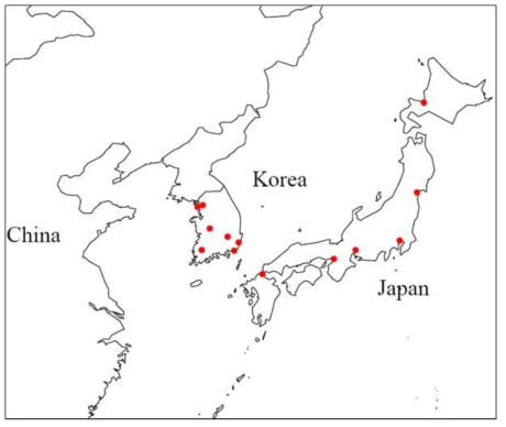 Location of 13 cities in 2 countries in East Asia