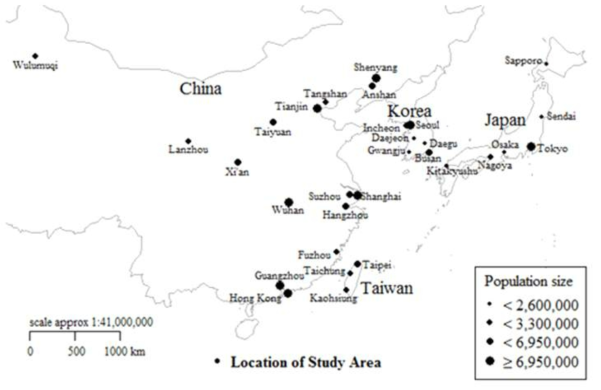 The locations of 30 cities in Korea, China, Japan, and Taiwan