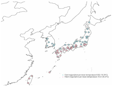 Geographical locations of 57 communities in Taiwan, Korean, and Japan in Northeast Asia countries. Cold and warm regions include the communities with annual mean temperature belonging to 8.82–15.3ºC and 15.3-25.2ºC, respectively