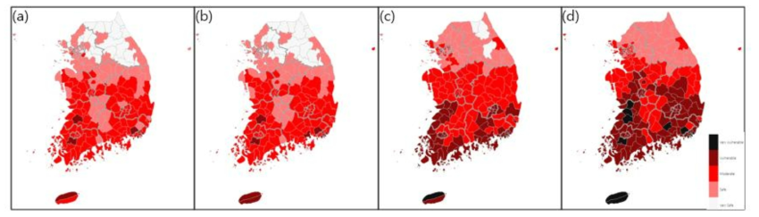 Projection of Health Vulnerability due to Heatwaves in (a)2000s, (b)2020s, (c)2050s, (d)2100s