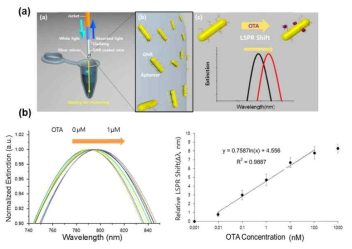 Optical fiber 기반 GNR-aptamer를 이용한 곰팡이독소 검출 모식도 (a) 및 LSPR shift에 따른 OTA 농도별 검출 (b)