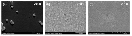 PDMS stamping 전(a)/후(b,c)의 유리 기판의 SEM 이미지