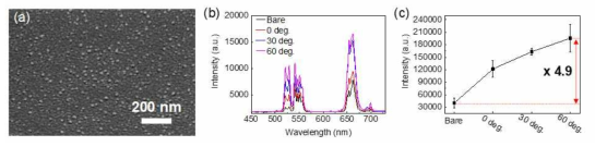(a) 유리기판 위에 drop casting 된 UCNP의 SEM 이미지 (b,c) 증착 각도에 따른 nanocrescent Au/SiO2/UCNP의 발광특성
