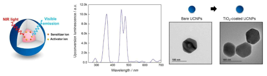 Blue-emitted UCNP의 발광 스펙트럼 및 TEM 이미지