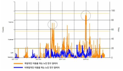 이동능력에 따른 노인 연구 참여자의 이동패턴 차이