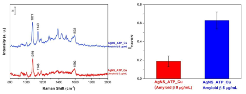 AgNS_ATP_Cu (Amyloid beta 0 μL), AgNS_ATP_Cu (Amyloid beta 5 μL)의 Raman 신호, 오른쪽 그림은 1143 cm-1 대 1077 cm-1의 신호 세기의 비