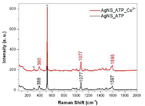 건조된 상태에서의 AgNS_ATP와 AgNS_ATP_Cu2+의 Raman 신호