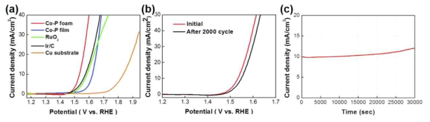 (a) 다공성 코발트-인, 평판형 코발트-인, 루테늄 산화물 및 이리듐/탄소 촉매의 OER 활성 비교, 다공성 코발트-인의 OER 내구성 평가를 위한 (b) 싸이클에 따른 OER 활성 변화 비교 및 (c) 정전압 인가에 따른 전류의 변화 측정 그래프