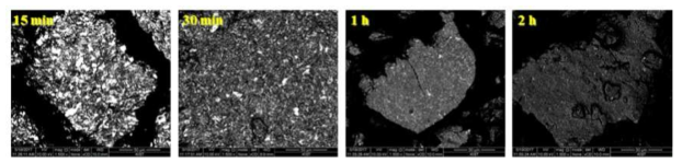 ball milling 시간에 따른 Fe의 입자크기를 관찰한 SEM image