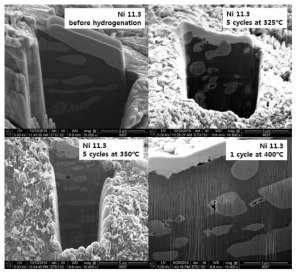 Ni11.3 시편의 다른 온도에서의 수소화 반응 및 사이클 후의 SEM 미세조직