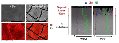 도금 후와 Zn 용출반응 후 Ni-Zn 전극 표면(좌) 및 단면(우) 형상변화와 성분분석