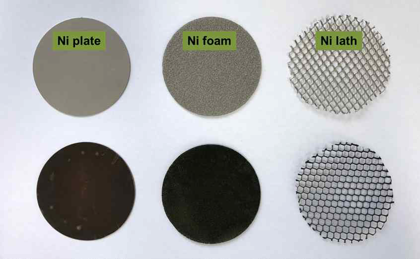 니켈 기재(상)별 LDH 코팅 후 전극표면(하)