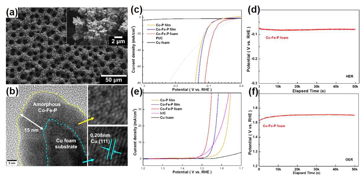 다공성 코발트-철-인 촉매의 (a) 표면 SEM 이미지 및 (b) TEM 이미지, (c) 평판형 코발트-인, 평판형 코발트-철-인, 다공성 코발트-철-인 및 백금/탄소 촉매의 HER 활성 비교, (d) 다공성 코발트-철-인의 HER 내구성 평가를 위한 정전류 인가에 따른 전압의 변화 측정 그래프, (e) 평판형 코발트-인, 평판형 코발트-철-인, 다공성 코발트-철-인 및 백금/탄소 촉매의 OER 활성 비교, (f) 다공성 코발트-철-인의 OER 내구성 평가를 위한 정전류 인가에 따른 전압의 변화 측정