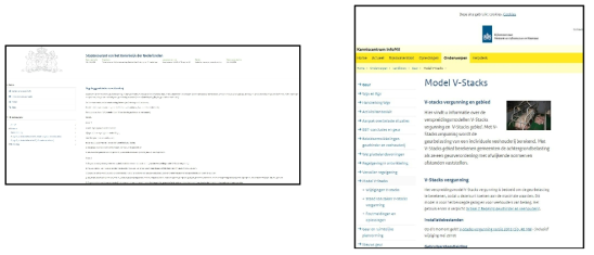 왼쪽부터 축산시설 악취에 관련된 법령 예시, 네덜란드 법령 홈페이지 V-Stacks 모델 설명 예시