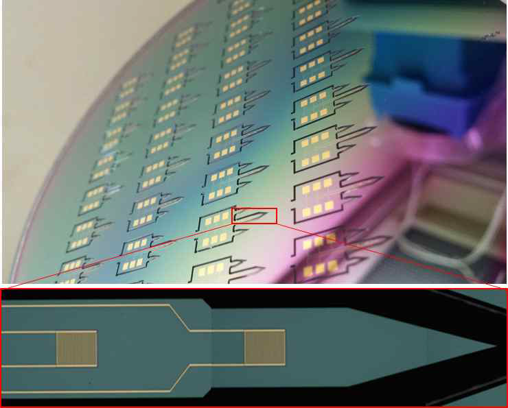 MEMS 공정을 통해 제작된 마이크로 바늘 웨이퍼 사진(위)과 개별 소자의 바늘부분 현미경 사진(아래)