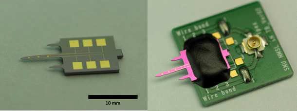 제작 완료된 개별 마이크로바늘 센서의 확대사진(왼쪽)과 센서가 PCB 위에 패키징 된 조립 사진(오른쪽)