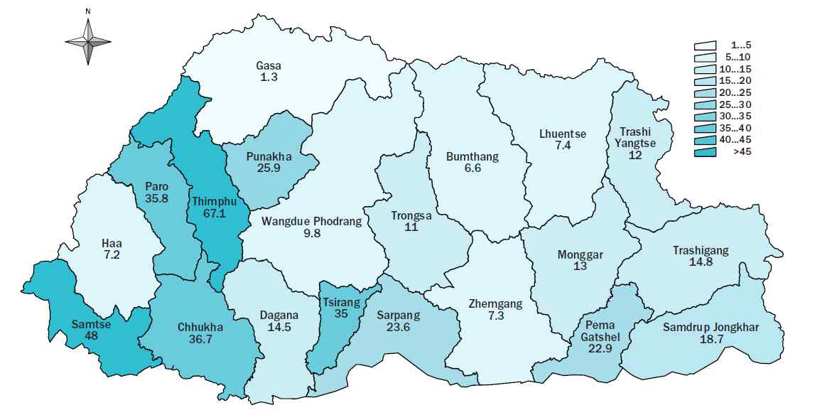 부탄의 인구밀도 (2017) Source: National report, PHCB, 2017
