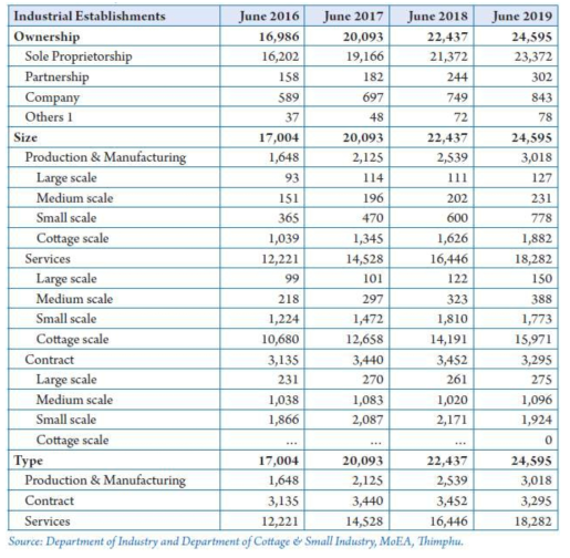 부탄의 소유자, 규모 및 유형에 따른 산업체 수(2016.06∼2019.06) [단위 : 개소]
