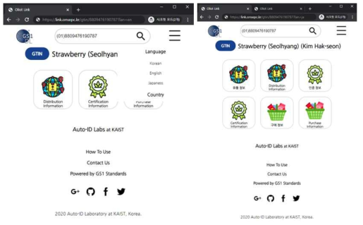 GS1 Digital Link 언어 설정(왼쪽) 및 설정 언어 서비스가 없는 경우(오른쪽)
