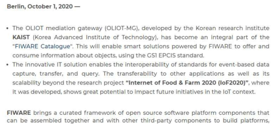 Oliot-MG를 소개하는 FIWARE 공식 보도자료 일부 발췌본 출처 : https://www.fiware.org/news/interoperability-of-fiware-and-gs1-standards-boosts-innovation-in-the-iotspace/