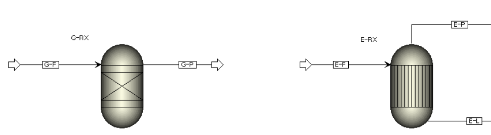에탄올 개질 반응기 Flowsheet (좌) RGibbs 모델, (우) REquil 모델