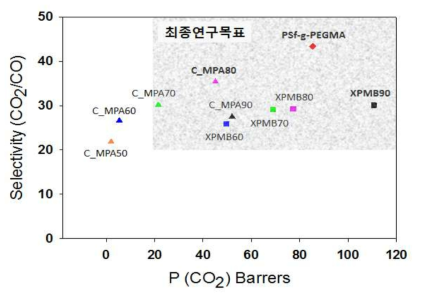 제조된 CO2 선택성 분리막의 CO2/CO 분리 성능 비교