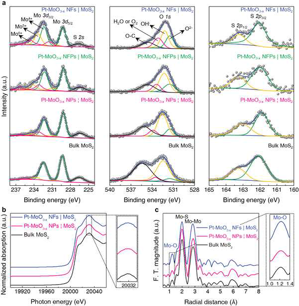 MoS2 표면 위에 성장 된 Pt-MoO3-x 나노구조의 Mo, O, S phase들의 XPS 및 XANES, EXAFS 결과