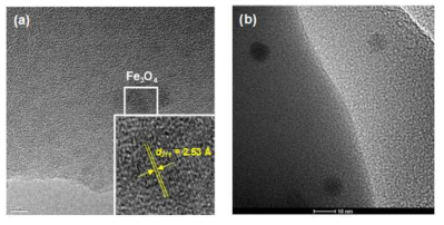 (a) 반응 전, (b) 반응 후의 Fe©CRS 촉매에 대한 TEM 이미지