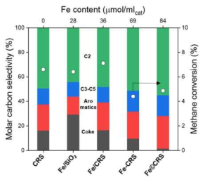 다양한 Fe 촉매 상에서 메탄 전환율 및 생성물 선택도