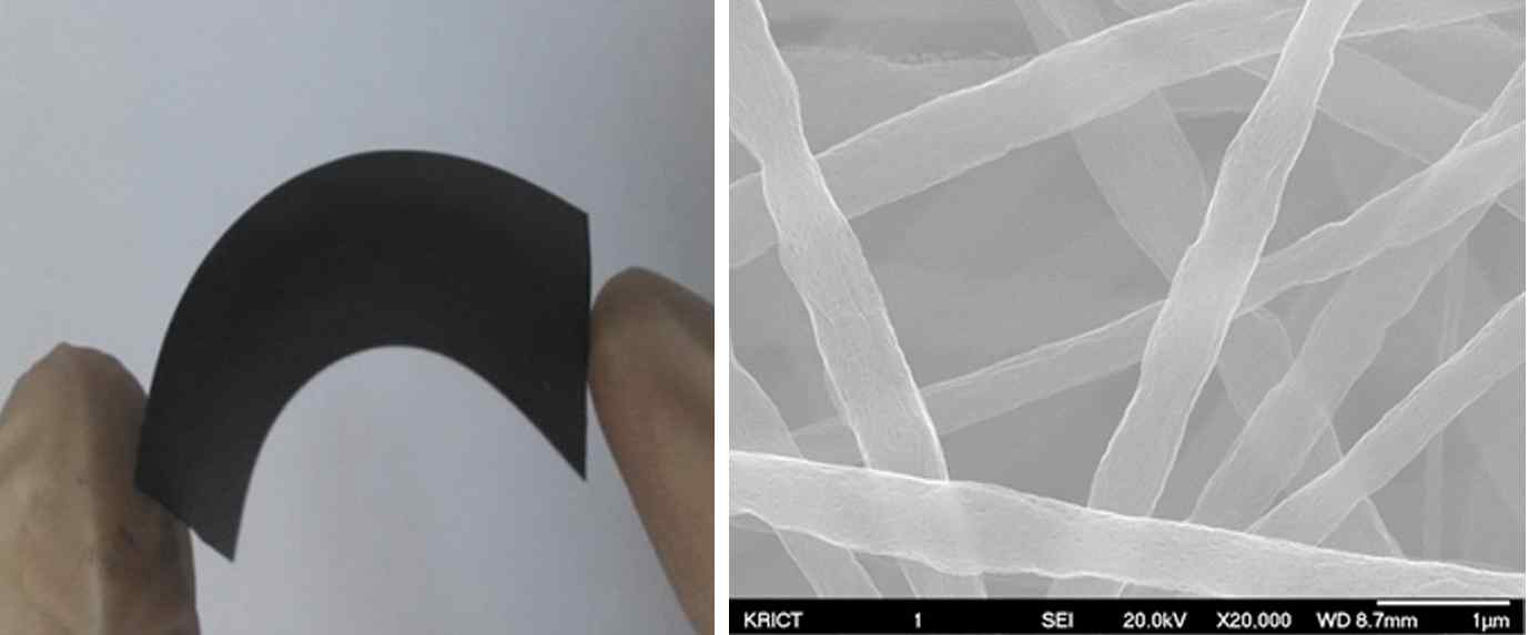 (좌) PTA/PAN을 탄소 원료로 사용하여 얻은 탄소나노 섬유 매트 사진과 (우) SEM 이미지