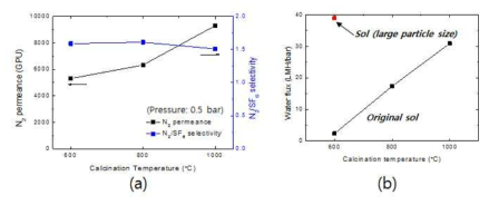 소결 온도에 따른 600/800/1000-S의 (a) 기체 투과도, (b) 수투과도
