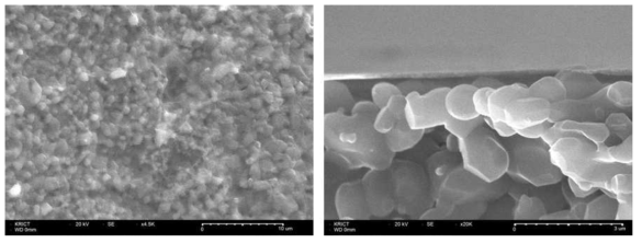 (좌) UF 알루미나 중공사막 위에 Dip-coating으로 형성한 GO층 (우) Gamma-alumina 코팅-소결 후 선택층의 단면 사진