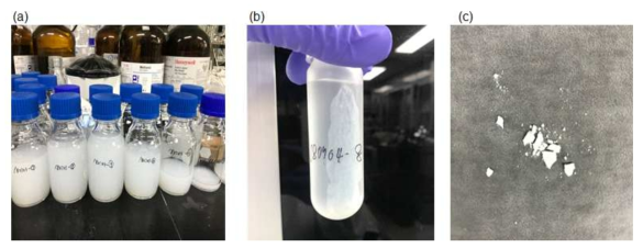 (a) PVDF 콜로이드가 증류수에 분산된 사진, (b) 원심 분리 후 PVDF 콜로이드와 용매가 분리된 사진, (c) PVDF 콜로이드를 건조하여 파우더 형태로 얻음