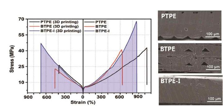 프린팅 된 나노복합체 엘라스토머의 물성 비교와 단면 SEM 이미지
