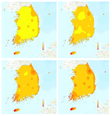 ArcGIS를 이용하여 시각화한 1년(좌상), 10년(우상), 50년(좌하), 100년(우하) 빈도의 풍속 분포