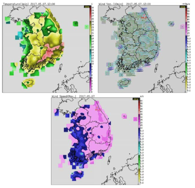 기상청 AWS에서 관측한 2017년 5월 7일 기온(좌상), 바람벡터(우상)과 일최대풍속(하) 분포