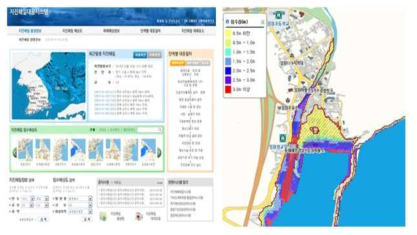 지진해일대응시스템(좌)와 침수예상도(우) (www.ndmi.go.kr/research/migration/migration.jsp?link=3)