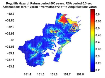 Newcastle and Lake Macquarie hazard map for return period of 500 years and Sa period of 0.3 seconds (EQRM, Technical Manual:Version 3.0, 2005)