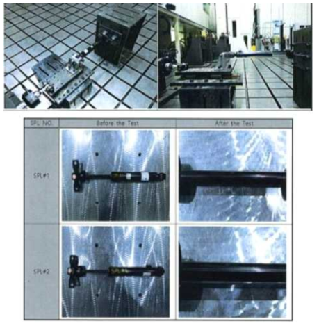 외부 공인기관에서의 내구성 테스트 모습 및 테스트 전후 시제품 사진