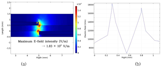 COMSOL 시뮬레이션 결과 (a) E-field 세기 및 분포 (b) 플라즈마 발생 영역에서의 E-field 세기 변화