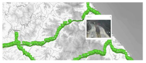 도로기상정보 마커 표출 및 CCTV 지점 영상 팝업창 화면
