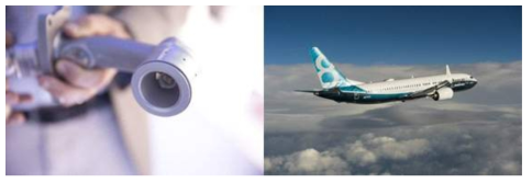GE의 3D프린팅으로 생산된 연료 노즐(좌), 해당 개발품이 적용된 최신 민간항공기 737MAX (출처: GE리포트 및 보잉)