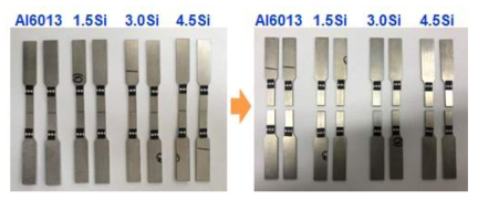 A6013-xSi(x = 0, 1.5, 3.0 및 4.5 wt.%)합금 laser welding 접합 인장시험편